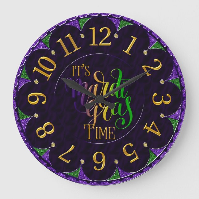 Mardi Gras Clock, farbenfroh ist Mardi Gras Time Große Wanduhr (Vorderseite)