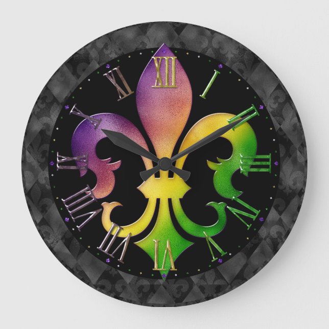 Mardi Gras Clock, farbenfrohe Lilie Large Clo Große Wanduhr (Vorderseite)