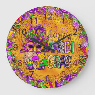 Mardi Gras Clock, farbenfroher Happy Mardi Gras Gn Große Wanduhr