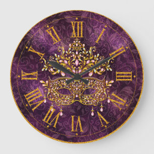 Mardi Gras Clock, Golden Jewele Maske Große Wanduhr