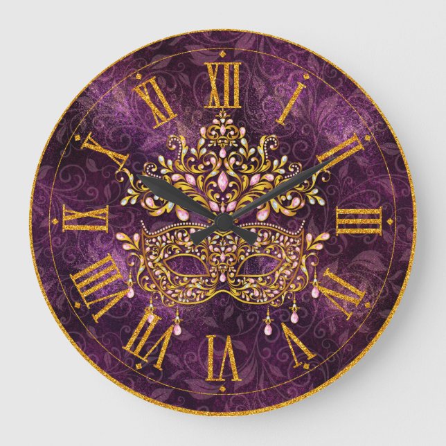 Mardi Gras Clock, Golden Jewele Maske Große Wanduhr (Vorderseite)