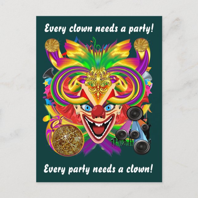 Mardi Gras Clown View Notes bitte Einladungspostkarte (Vorderseite)