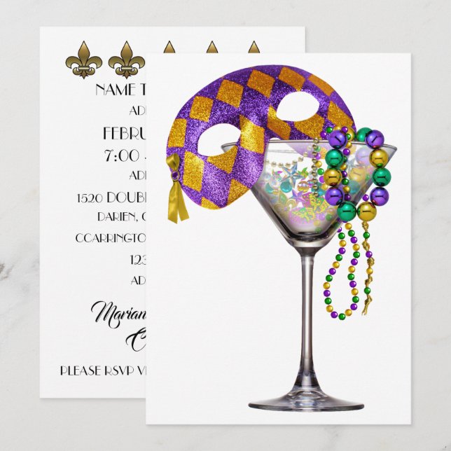 Mardi Gras - Cocktail Party Einladung (Vorne/Hinten)