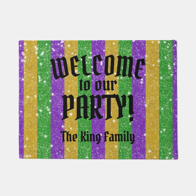 Mardi Gras Colors Glitzer Stripe Bling Willkommen Fußmatte (Vorderseite)