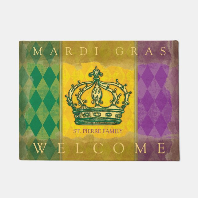 Mardi Gras Crown Lila Gold Familienname Willkommen Fußmatte (Vorderseite)