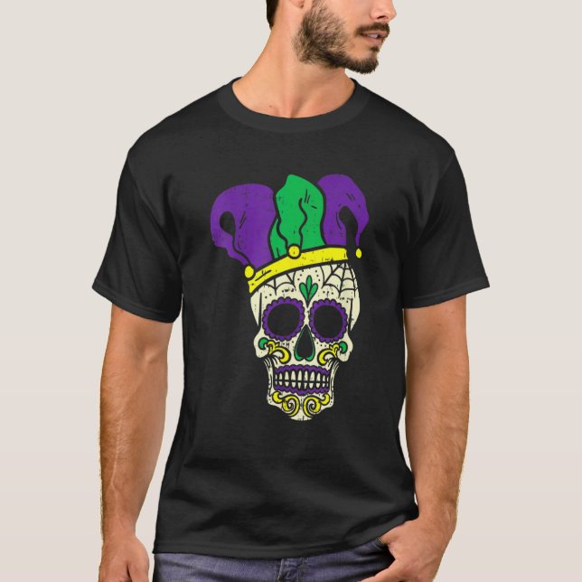 Mardi Gras Cute Skull Jester Hat Masked Beads Fest T-Shirt (Vorderseite)