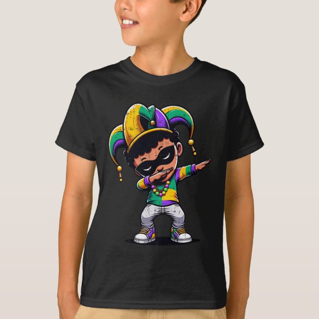 Mardi Gras Dabbing Boy Black Funny Outfit Jester H T-Shirt (Vorderseite)