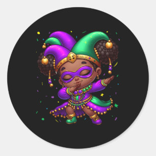 Mardi Gras Dabbing Niedlich Black Girl Jester Hat  Runder Aufkleber