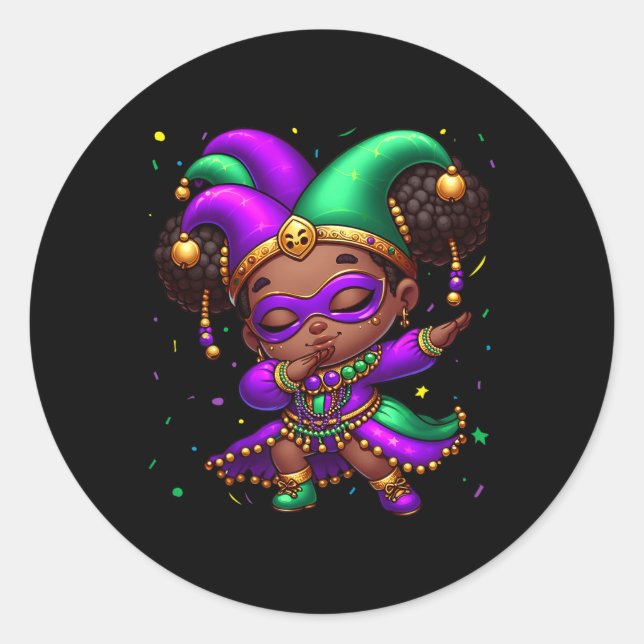 Mardi Gras Dabbing Niedlich Black Girl Jester Hat  Runder Aufkleber (Vorderseite)