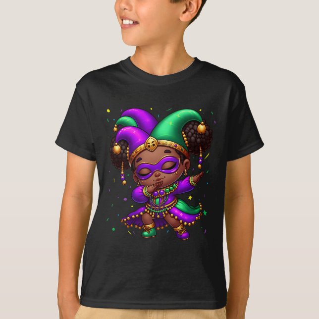 Mardi Gras Dabbing Niedlich Black Girl Jester Hat  T-Shirt (Vorderseite)