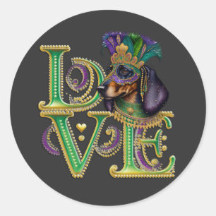 Mardi Gras Dackel Word LIEBE Masquerade Runder Aufkleber