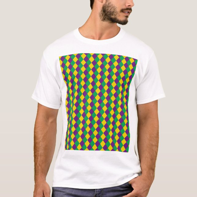 Mardi Gras Diamonds: Lebhaftes, festes Muster T-Shirt (Vorderseite)