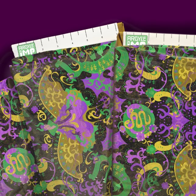 Mardi Gras Dragon, Schlange, Fantasy Woman Damask Stoff (close-up with ruler)