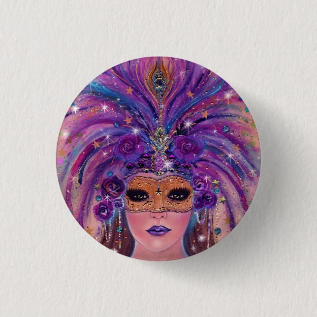 Mardi Gras Fantasiefrau in Maske von Renee Lavoie Button (Vorderseite)