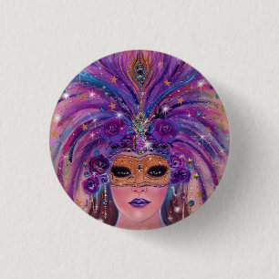 Mardi Gras Fantasiefrau in Maske von Renee Lavoie Button