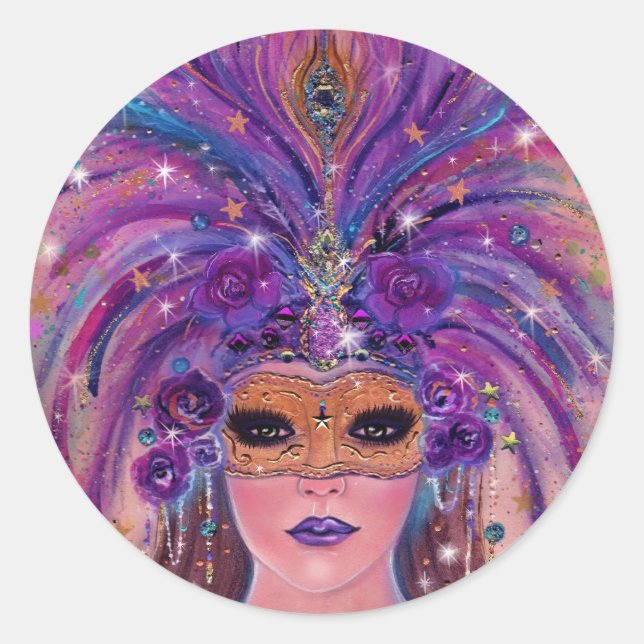 Mardi Gras Fantasiefrau in Maske von Renee Lavoie Runder Aufkleber (Vorderseite)