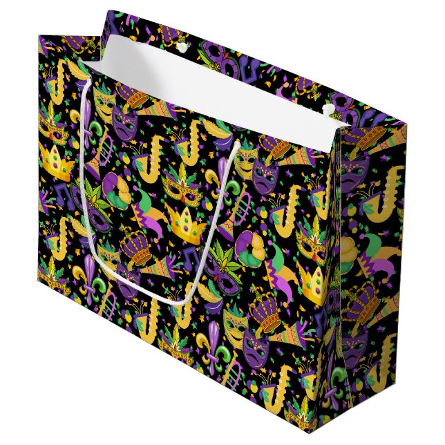 Mardi gras Farben Schwarz BG Große Geschenktüte (Vorderseite Schrägansicht)