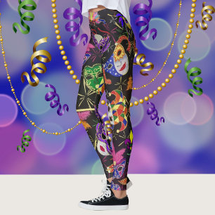 Mardi Gras farbenfrohe Feather Mask on Black Leggings