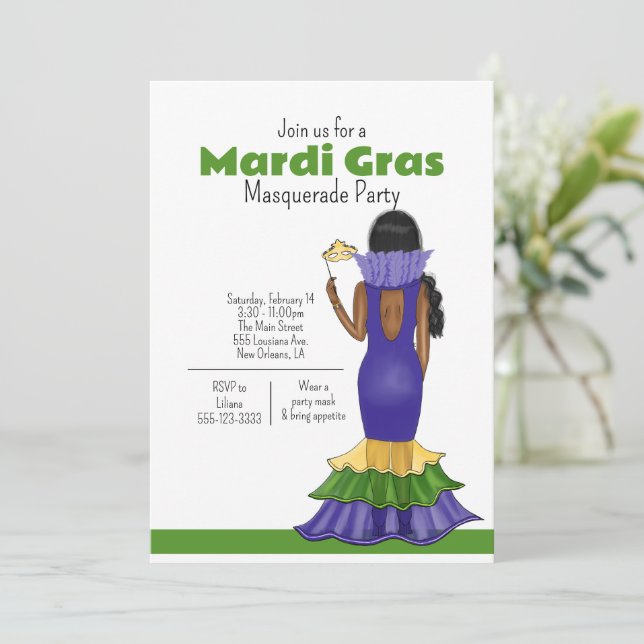 Mardi Gras Fashion Illustration - Party Einladung (Stehend Vorderseite)