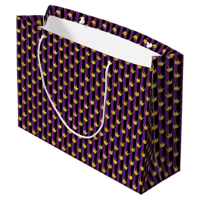 Mardi Gras Faux Gold Crowns Purple Black Stripes Große Geschenktüte (Rückseite Schrägansicht)