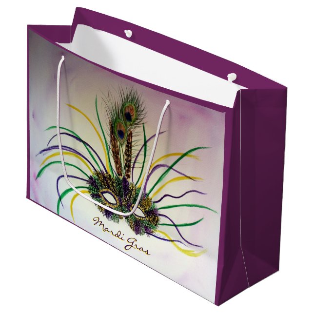 Mardi Gras Feather Mask Gastgeschenk Gift Bags Große Geschenktüte (Vorderseite Schrägansicht)