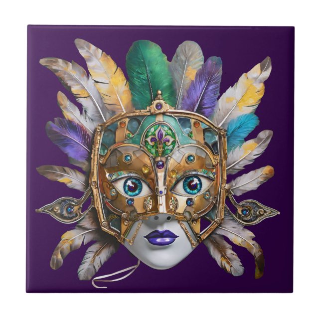 Mardi Gras Feather und Metallmaske Fliese (Vorderseite)