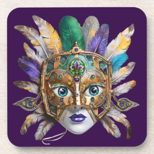 Mardi Gras Feather und Metallmaske Getränkeuntersetzer