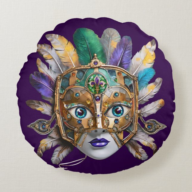 Mardi Gras Feather und Metallmaske Rundes Kissen (Vorderseite)