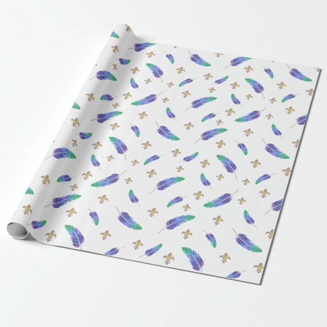 Mardi Gras Feathers und Lilie Pattern Geschenkpapier (Ungerollt)