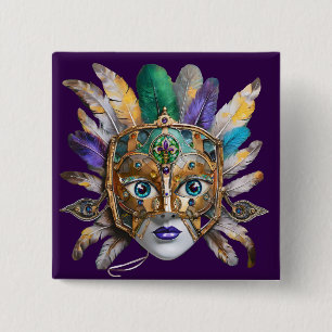 Mardi Gras-Feder- und Metallmaske Button
