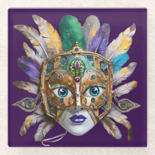Mardi Gras-Feder- und Metallmaske Glasuntersetzer