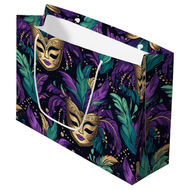 Mardi Gras Federn und Maske Große Geschenktüte (Vorderseite Schrägansicht)