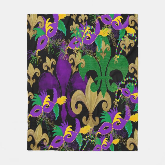 Mardi Gras fleur de lis and masks Fleecedecke (Vorderseite)