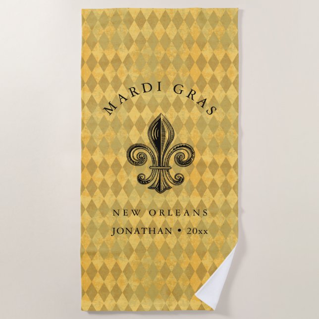 Mardi Gras Fleur-de-lis Harlequin Add Name & Year Strandtuch (Vorderseite)
