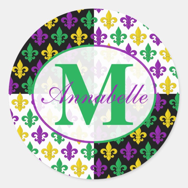 Mardi Gras Fleur-de-lis Muster Personalisiert Runder Aufkleber (Vorderseite)