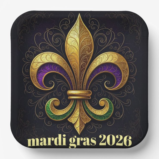 Mardi Gras Fleur de Lis Party Pappteller (Vorderseite)