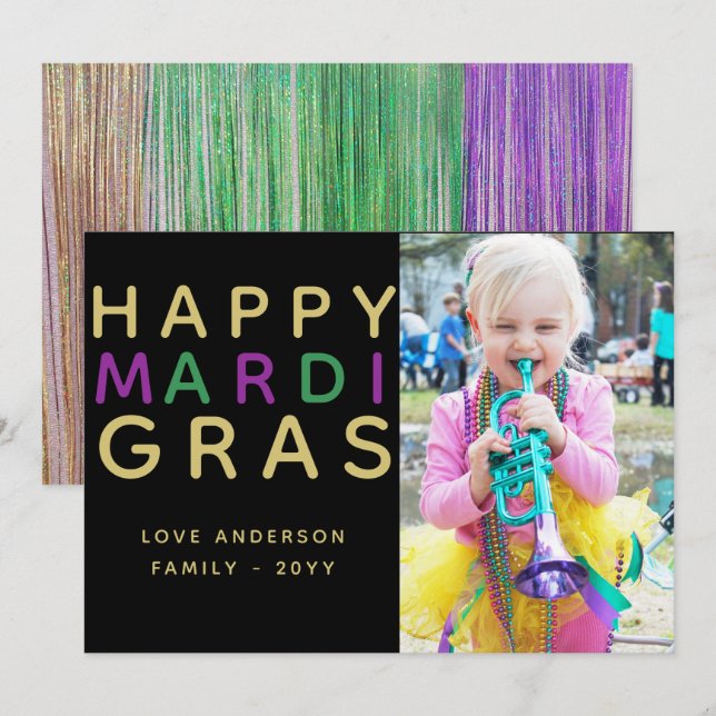 Mardi Gras Foto Card - Modernes Lila Green Gold Einladung (Vorne/Hinten)