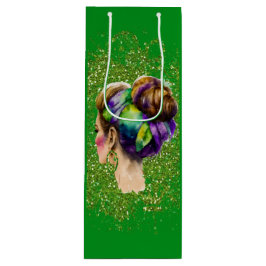 MARDI GRAS FRAU MIT LILA GRÜNEN GOLDHAAR GESCHENKTÜTE FÜR WEINFLASCHEN