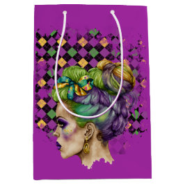 MARDI GRAS FRAU MIT LILA GRÜNEN GOLDHAAR MITTLERE GESCHENKTÜTE