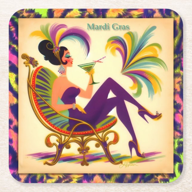 Mardi Gras Frau Mitte des Jahrhunderts mit Martini Rechteckiger Pappuntersetzer (Vorderseite)