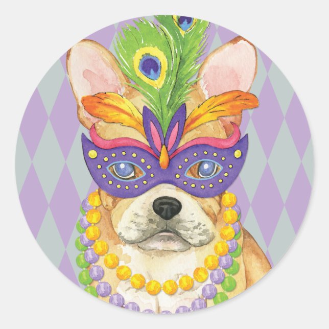 Mardi Gras Frenchie Runder Aufkleber (Vorderseite)