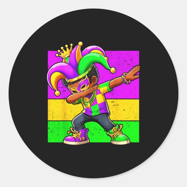 Mardi Gras Funny Dabbing Black Boy Jester Hat Kid  Runder Aufkleber (Vorderseite)