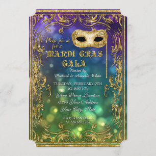 Mardi Gras Gala Masquerade Maske Bokeh Gold Glitze Einladung