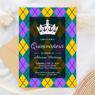 Mardi Gras Gelb Lila Argyle Krone Quinceanera Einladung