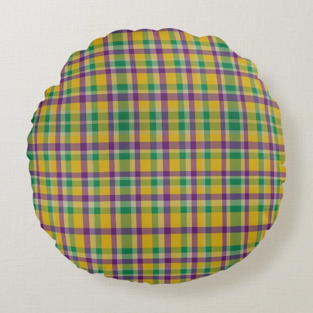 Mardi Gras Gingham gemustert Rundes Kissen (Vorderseite)