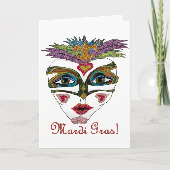Mardi Gras Glitzer Feather Maske Karte (Vorderseite)