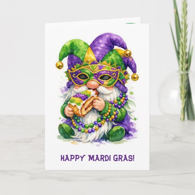 Mardi Gras-Gnom, der King Cake isst Karte (Vorderseite)