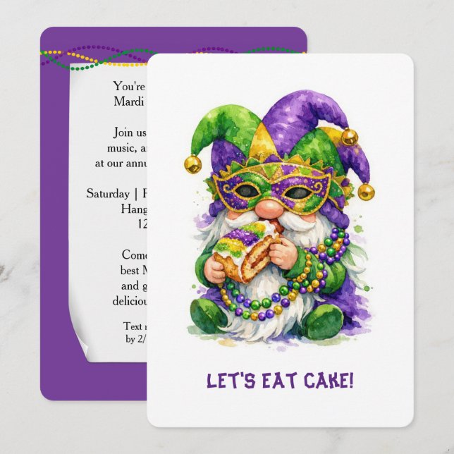 Mardi Gras Gnome Eating King Cake Einladung (Vorne/Hinten)