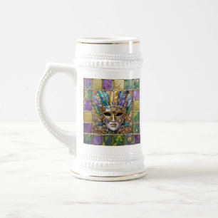 Mardi Gras Gold & Keramik Bunte Feder Maske Bierglas