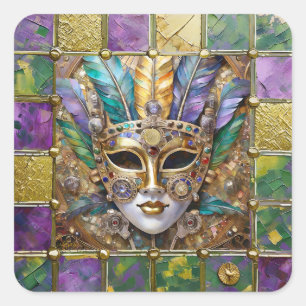 Mardi Gras Gold & Keramik Bunte Feder Maske Quadratischer Aufkleber